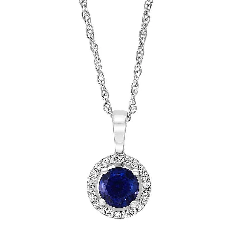 Statement Necklace Set-September Birthstone Pendant: 14K White Gold Diamond And Sapphire Halo Pendant Necklace