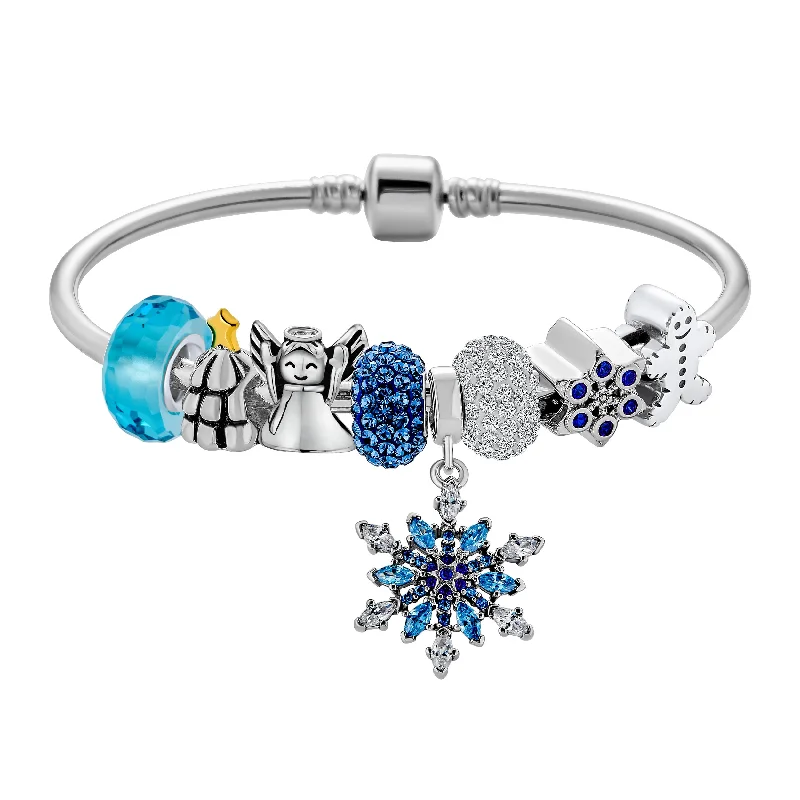 Boho Beaded Bracelets for Women-Elegant Blue Ice Snowflake Charm Bracelet with Crystal Beads and Silver Clasp