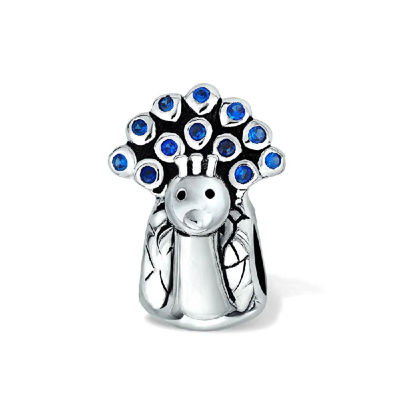 Handcrafted Bracelets for Women-Peacock Charm Bead Royal Blue CZ Sterling Silver for European Bracelet