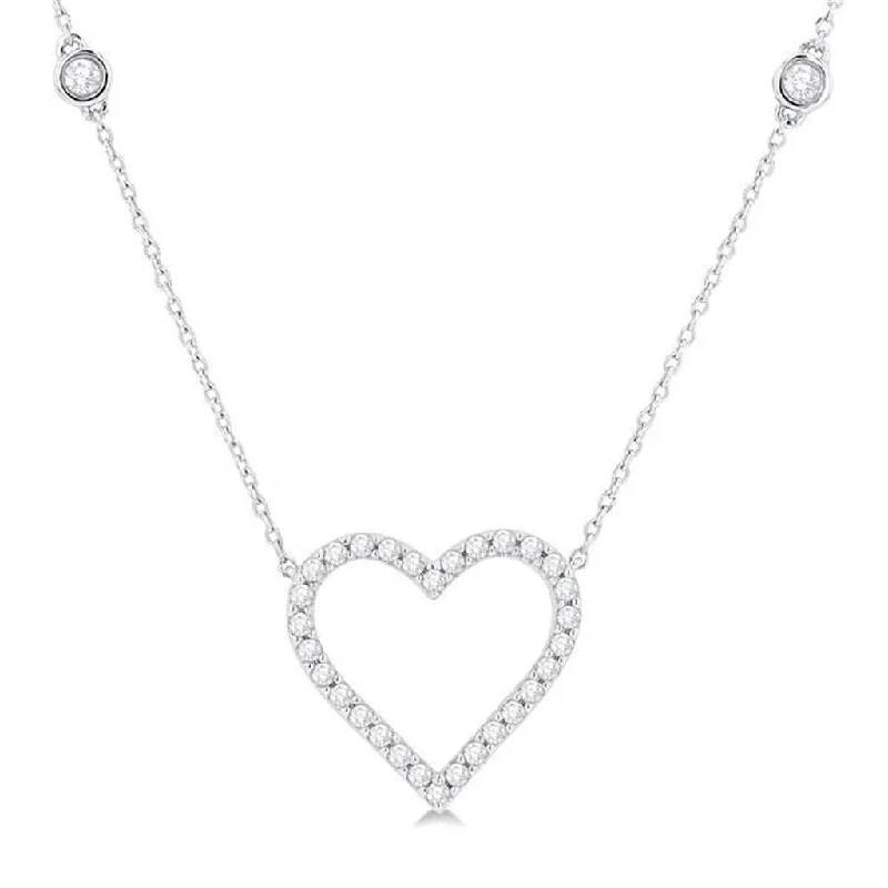 Lotus Necklaces-10K White Gold Diamond Station Heart Necklace