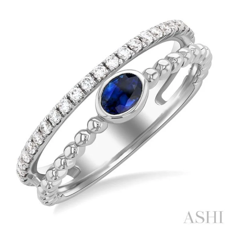 Custom Wedding Rings with Birthstone Inlays-4x3 MM Oval Shape Sapphire and 1/5 ctw Single Cut Diamonds Precious Fashion Split Twin Ring in 10K White Gold