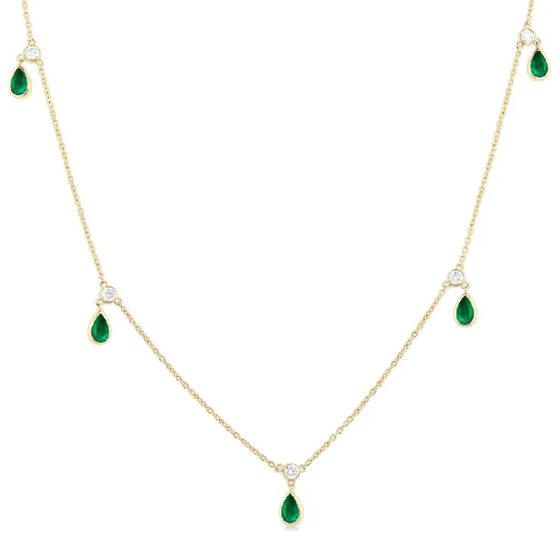 Wedding Necklaces-14K Yellow Gold Diamond And Emerald Drop Station Necklace