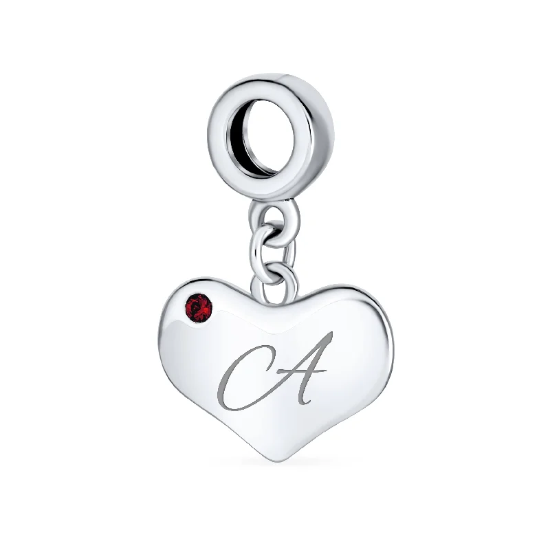 Minimalist Bracelets for Women-Initial Alphabet Bead Charm Red Ruby Heart Dangle for European Bracelet Sterling Silver