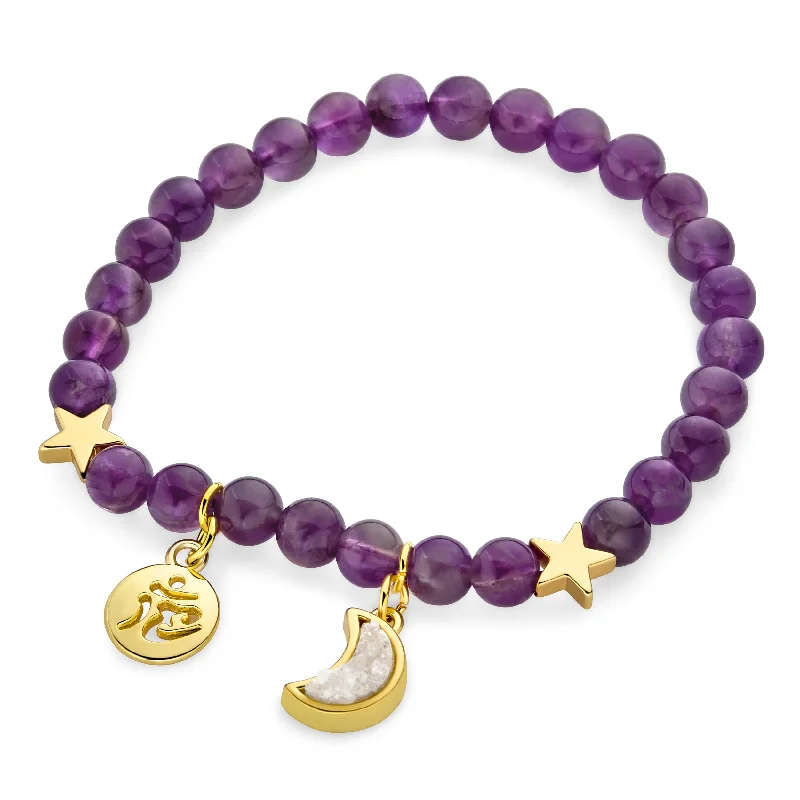 Men’s Leather Bracelets-Semi Precious Druzy 6MM Purple Gemstone Stretch Bracelet with Ohm Charm