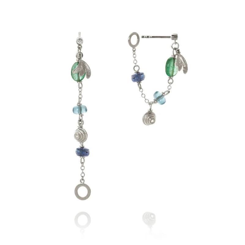 Crystal Drop Hoop Earrings-Piccolo Sea Breeze Silver Earrings w. Gemstones