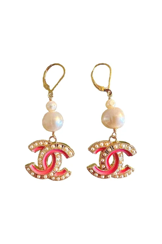 Bold Gold Earrings-CC Cutout Pink Pearl Dangle Earrings