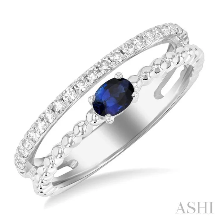 Vintage Promise Rings for Women-4x3 MM Oval Shape Sapphire and 1/5 ctw Single Cut Diamond Precious Split Twin Ring in 10K White Gold