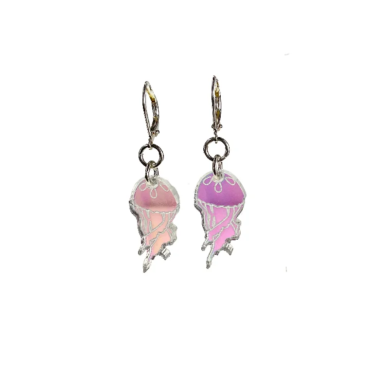 Simple Silver Drop Earrings-Last Chance! Jellyfish in Iridescent Hologram on hinged hooks