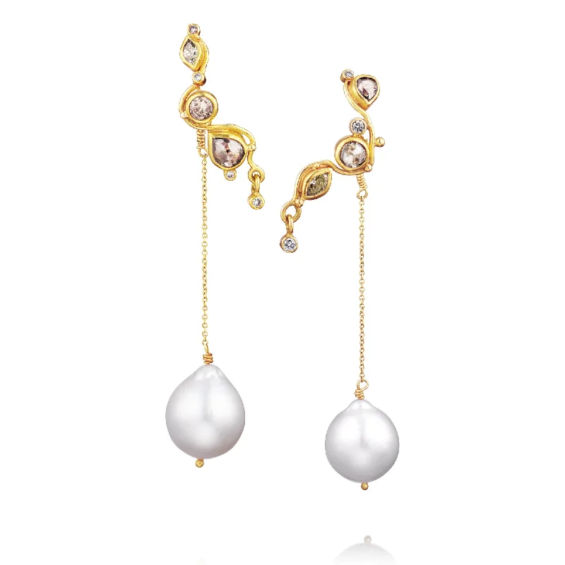 Personalized Drop Gemstone Earrings-Seafire 18K Gold Earrings w. Diamonds & Pearls