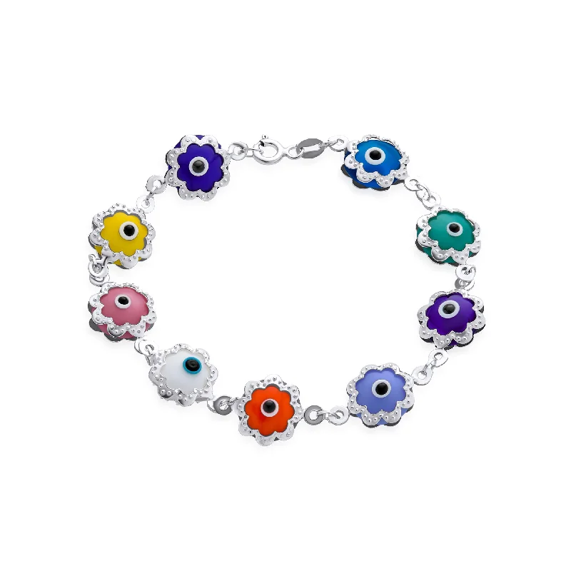 Sports Bracelets for Active Lifestyles-Protection Amulet Strand Bracelet with Multi-Color Evil Eye Charms Sterling Silver