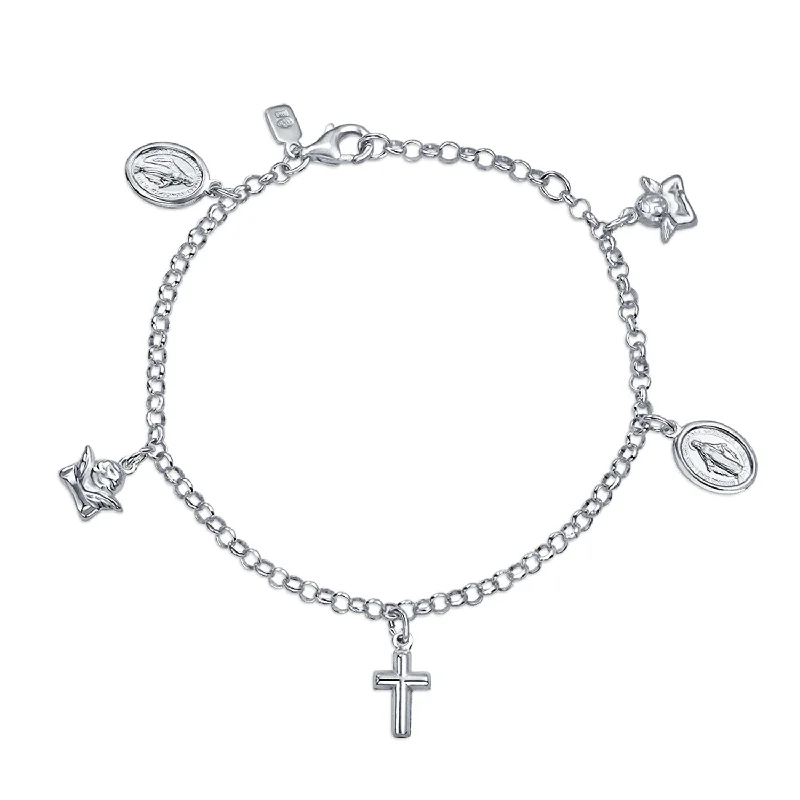 Stackable Charm Bracelets-Virgin Mary Cross Dangle Religious Charm Bracelet .925 Sterling Silver