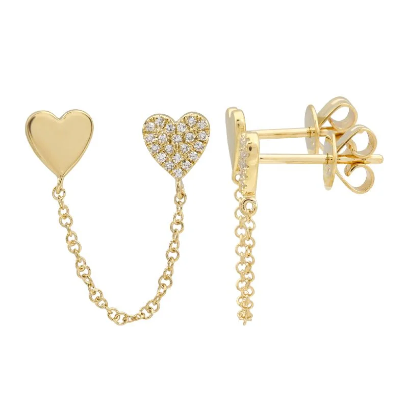 Fashionable Pearl Earrings-Double Heart Solid and Diamond Chain Earring (Single)