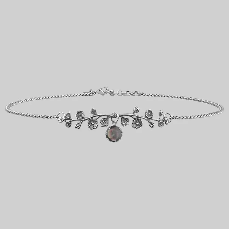 Women's Necklaces-DARK BLOOM. Black Mother of Pearl Choker - Silver