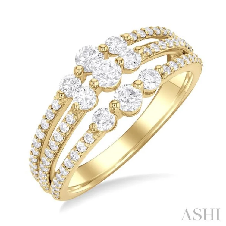 Fashion Engagement Rings for Women-1.00 ctw Triple Row Past, Present & Future Round Cut Diamond Wedding Band in 14K Yellow Gold