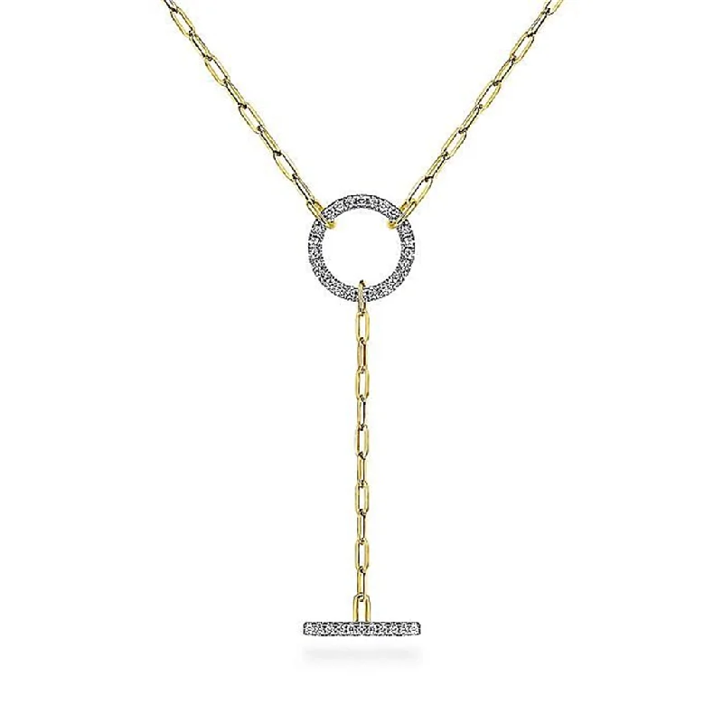 Engraved Necklaces-14K Yellow Gold Diamond Circle And Bar Y-Knot Necklace With Paperclip Chain