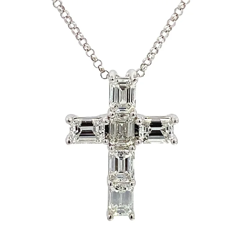 Multi-Layer Necklaces-14K White Gold Emerald Cut Diamond Cross Pendant Necklace