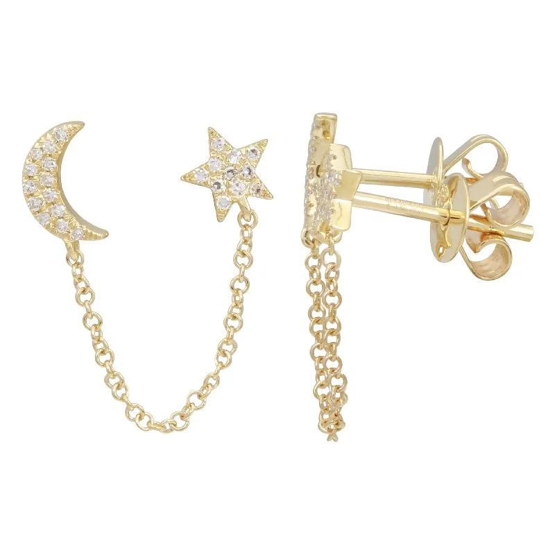 Personalized Drop Stud Earrings-Moon & Star Chain Earring