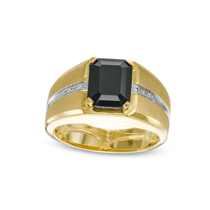 Custom Diamond Rings for Men-Men's Cushion-Cut Onyx and Natural Diamond Accent Inlay Ring in Solid 10K Two-Tone Gold