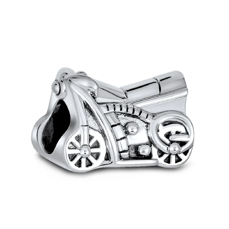 Silver Bangles for Women-Biker Chick Motorcycle Charm Bead in Oxidized Sterling Silver for European Bracelet