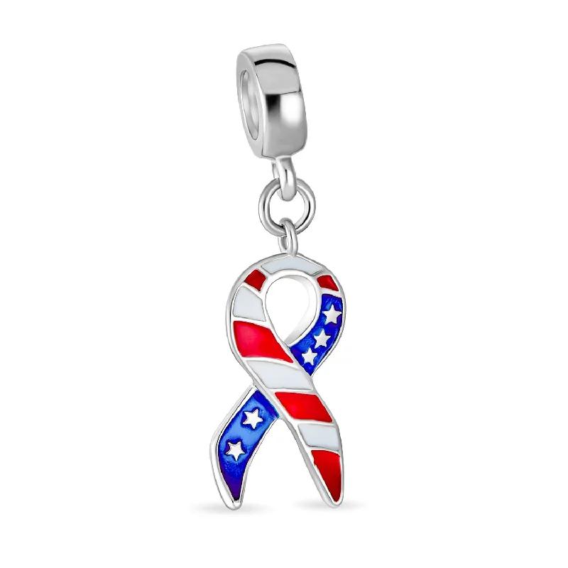 Classic Bracelets for Men-Patriotic USA Flag Ribbon Dangle Charm Bead Enamel Silver for European Bracelet