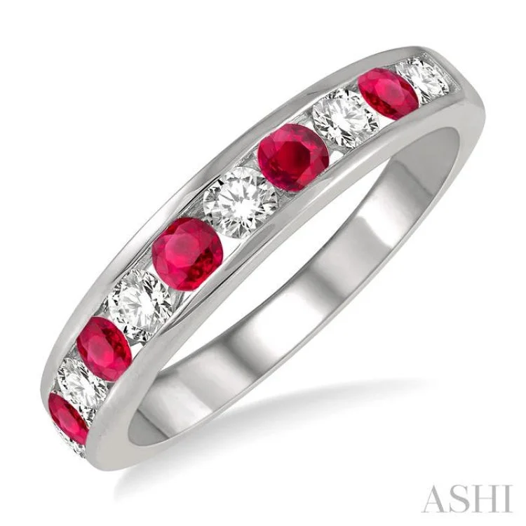 Women’s Engagement Rings with Diamonds-2.6 MM Ruby and 3/8 ctw Round Cut Diamond Precious Wedding Band in 14K White Gold