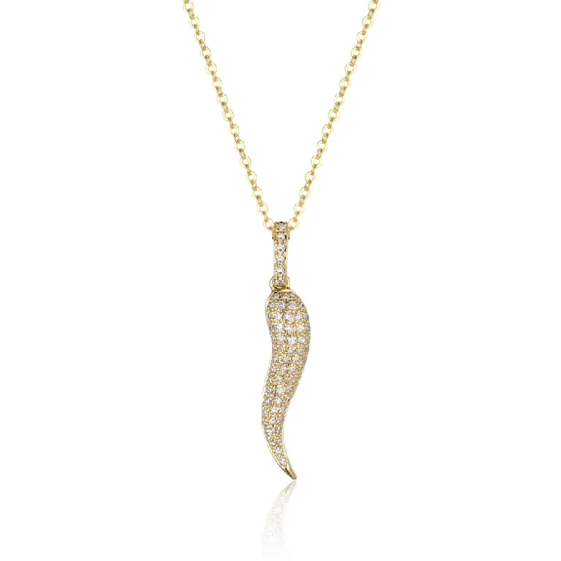 Silk Necklaces-14K Yellow Gold Italian Horn Diamond Pendant Necklace