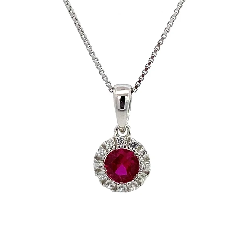 Amethyst Necklaces-July Birthstone Pendant: Sterling Silver Synthetic Ruby Halo Pendant Necklace