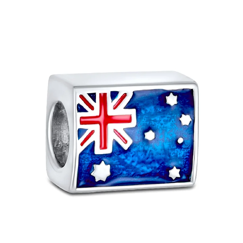 Trendy Leather Bracelets for Men-Australian Flag Charm Bead Sterling Silver for European Bracelet - Red White Blue