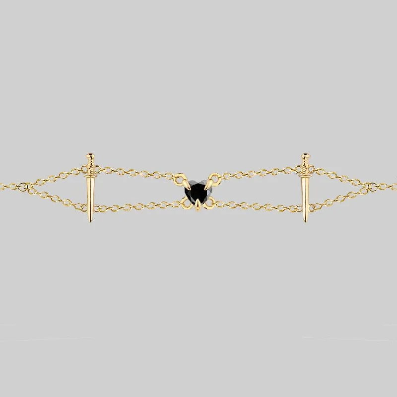 Minimalist Necklaces-VINDICATE. Swords & Onyx Heart Choker - Gold