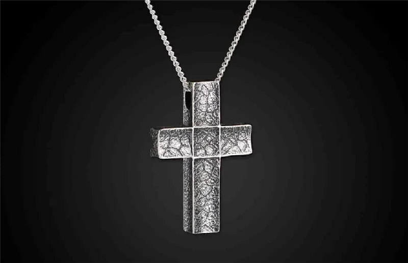 Natural Stone Necklaces-'Unum' Sterling Silver Hand-Cut Patterned Cross Pendant Necklace