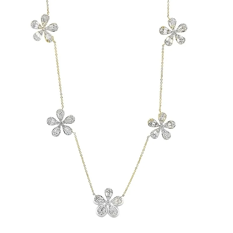 Luxury Gold Necklaces-Large Baguette & Round Diamond 5 Flower Station Necklace