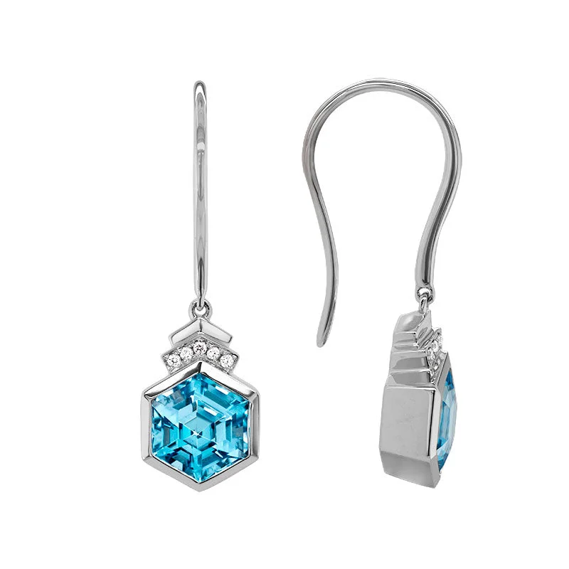 Boho Gemstone Earrings-Blue Topaz Hexagon & Diamond Earrings