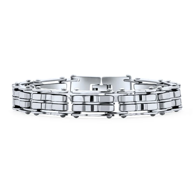 Bohemian Style Bracelets-Biker Mechanic Chain Link Bracelet for Men - Silver Tone Stainless Steel