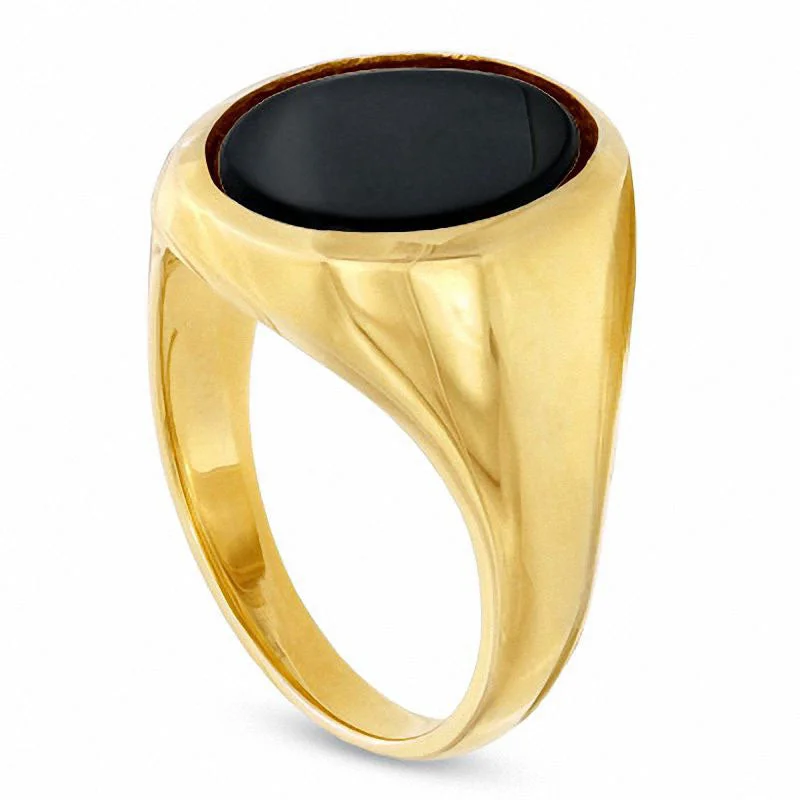 Affordable Vintage Engagement Rings-Men's Oval Onyx Ring in Solid 10K Yellow Gold