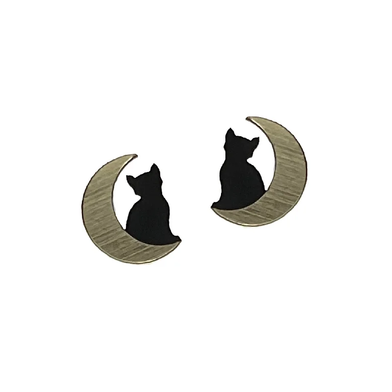 Designer Silver Earrings for Women-Small Cat in Moon Earrings