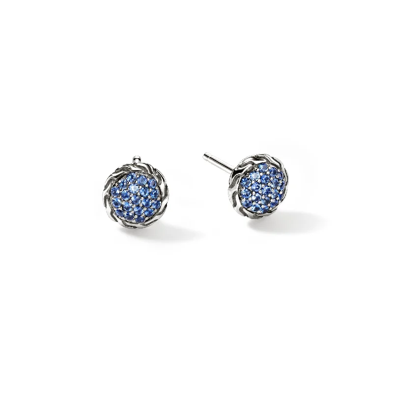 Geometric Hoop Drop Earrings-John Hardy Essential pave blue sapphire post earring