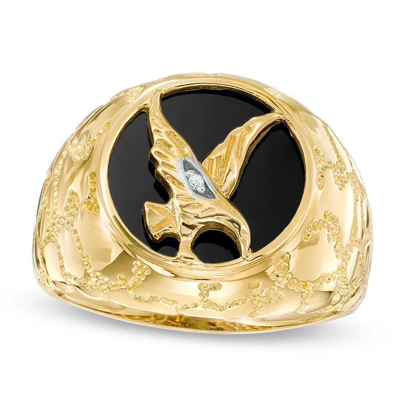 Luxury Custom Engagement Ring Sets-Men's Onyx Eagle and Natural Diamond Accent Signet Ring in Solid 10K Yellow Gold