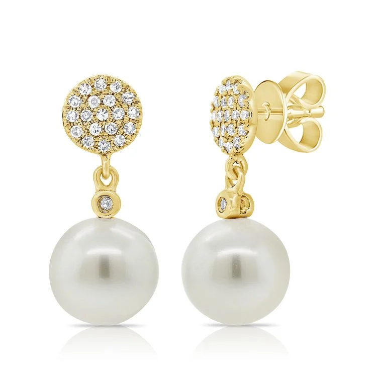 Unique Gold Earrings-Pearl Disc Pave Earrings