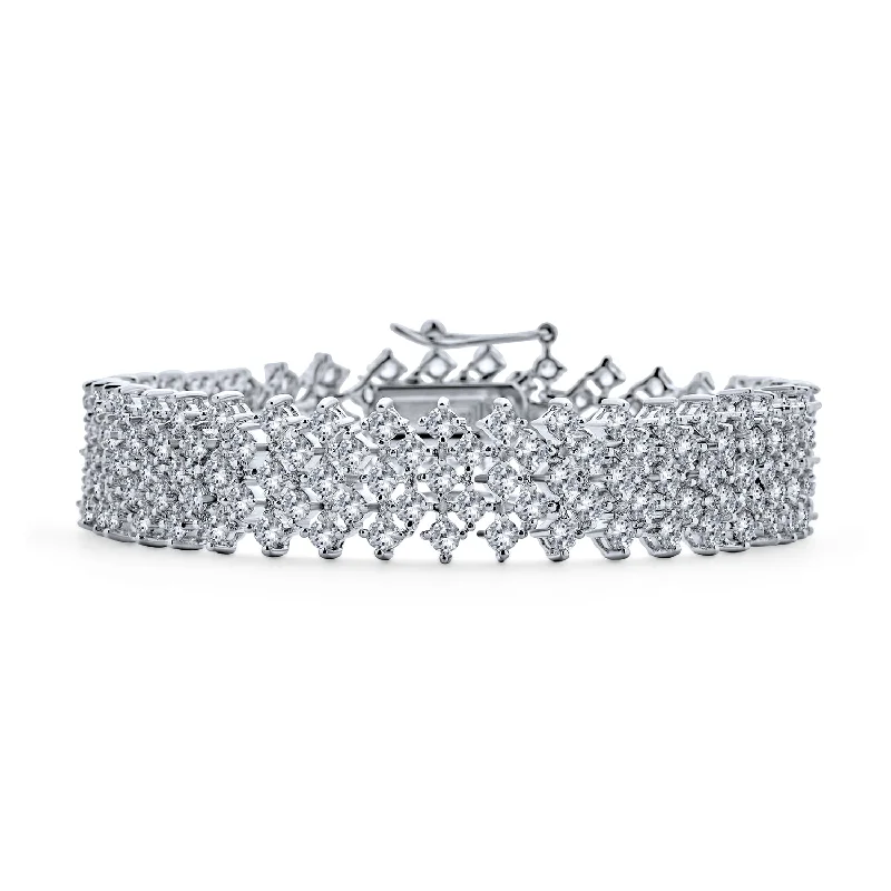 Custom Bracelets for Weddings-Elegant Bridal CZ Statement Bracelet Silver Plated Multi Row Lattice Design