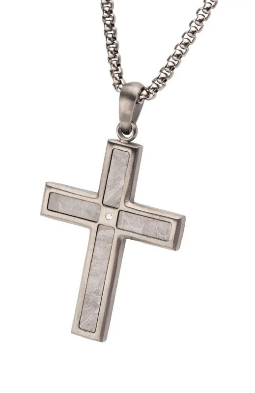 Layered Chain Necklaces-Gun Metal IP Steel Matte Finish Meteorite Inlay With Lab Grown Diamond Cross Pendant Necklace