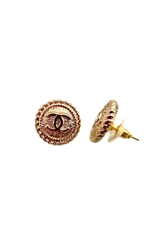 Modern Gold Hoop Earrings-CC Gold Coin Button Earrings