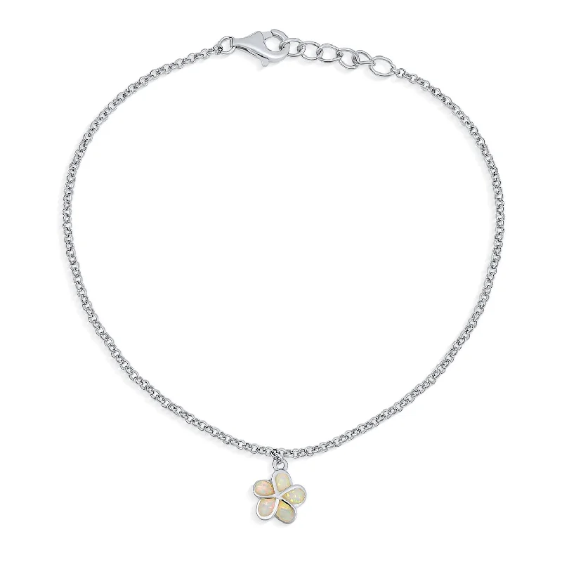 Luxury Bracelets for Women-White Opal Inlay Plumeria Flower Anklet Ankle Bracelet Sterling Silver