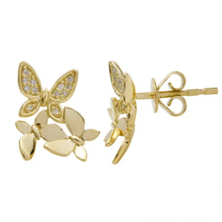 Large Gold Stud Earrings-Trio Butterfly Diamond Stud