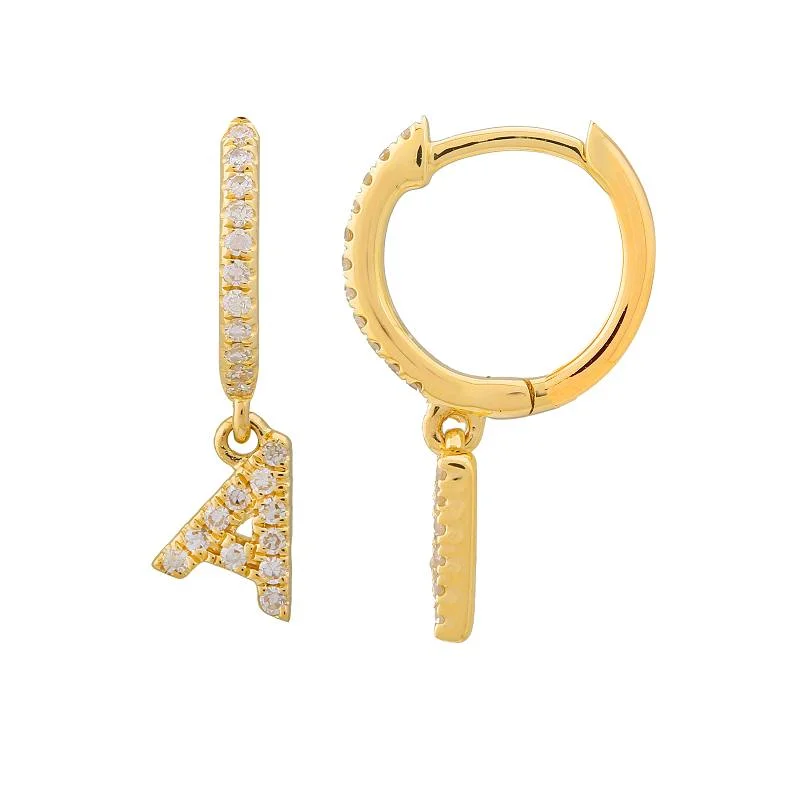 Simple Gemstone Hoop Earrings-14k SINGLE Diamond Initial Huggie