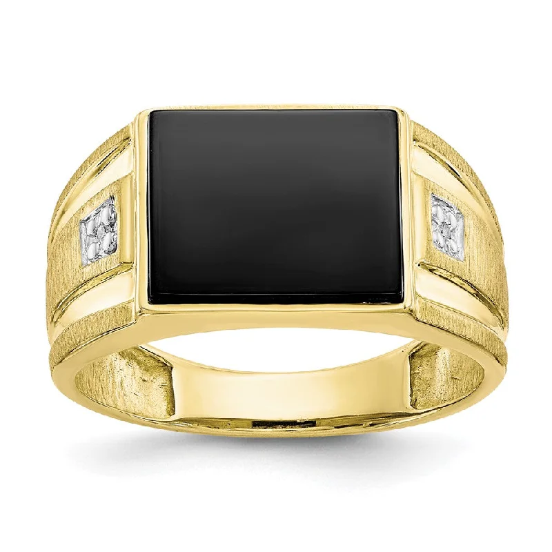 Men’s Wedding Bands with Birthstones-10K Yellow Gold Men's Real Diamond and Black Onyx Signet Ring