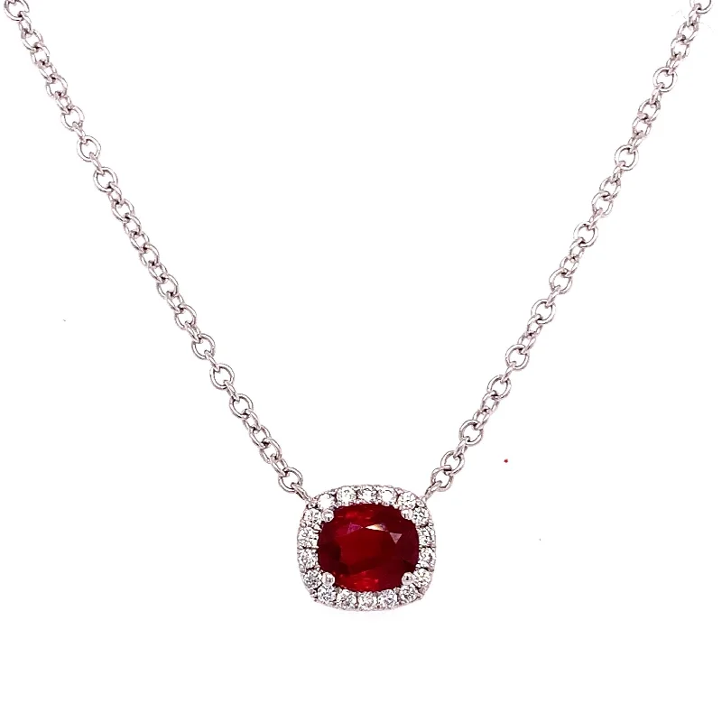 Fine Gold Necklaces-Cushion Cut Ruby Necklace with Diamond Halo