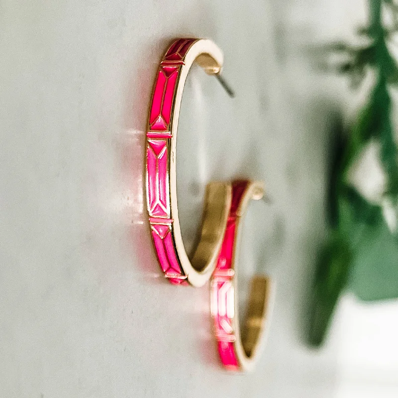 Designer Crystal Drop Earrings-Bright Pink Enamel and Gold Hoop Earrings