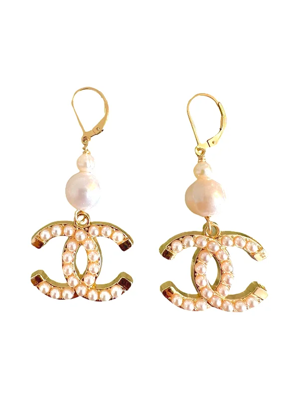 Luxury Drop Gemstone Earrings-CC Cutout Pearl Dangle Earrings