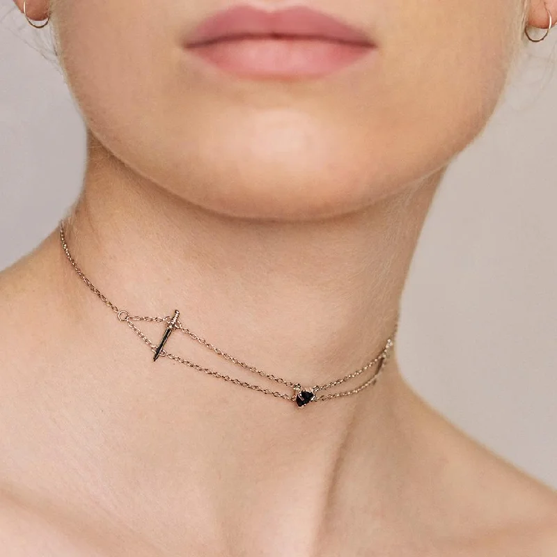 Layered Necklaces-VINDICATE. Swords & Onyx Heart Choker - Silver