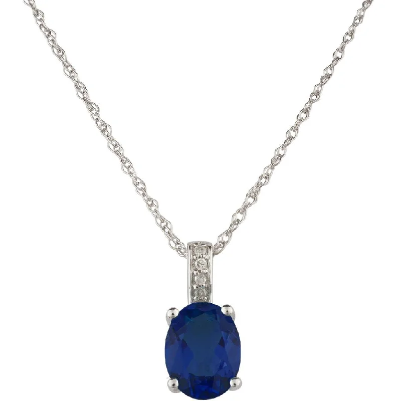 Artistic Pendant Necklaces-September Birthstone Pendant: 14K White Gold Diamond And Oval Sapphire Pendant Necklace